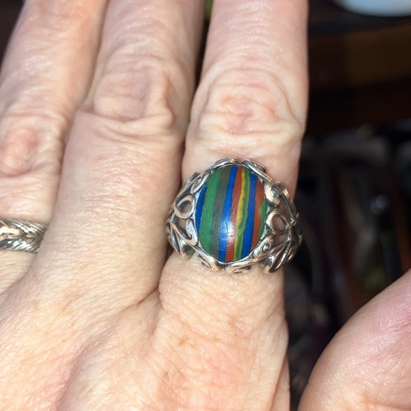 Sterling Ring Sz 8 Rainbow Calsilica Cabochon 925 Vintage - Picture 2 of 8